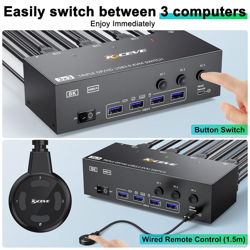 MLEEDA KVM Switch 3 Monitors 3 Computers 8K@60Hz, HDMI + 2* Displayport Triple Monitor KVM Switch,3 Monitor KVM with 4 USB 3.0 Ports for Keyboard Mouse Printer, Wired Remote and Power Adapter Included - Image 5